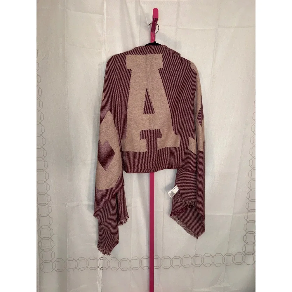GAP Women One Size Maroon Beige Letter Print Fringe Scarf Wrap Shawl